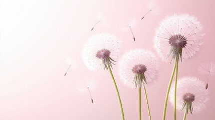 Delicate Dandelion Flowers on Soft Pink Background with Seeds Blowing