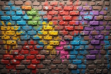 Vivid Multicolored Graffiti Patterns on Brick Wall Texture, Highlighting Bold Urban Artistic...