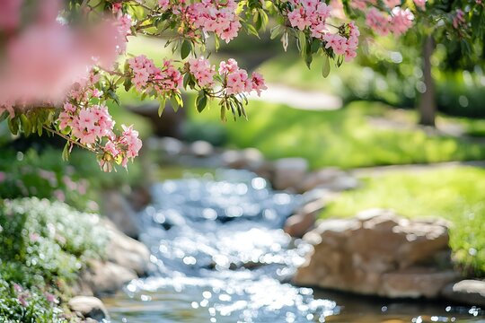Pink Blossoms by a Gentle Stream
