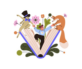 Happy little girl reads fairy tale. Cute kid plays with fairytale book characters. Child has fun by story. Concept of kind childish literature. Flat isolated vector illustration on white background