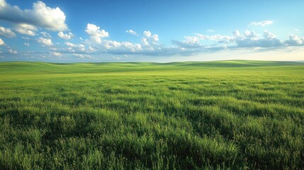 Obraz premium Vast green field, blue sky, fluffy clouds.