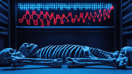 DNA Bridging Past and Present Concept, dramatic depiction of ancient burial site with skeletons and DNA strands