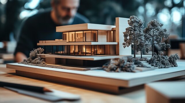 Architect examining model of modern home design in workshop