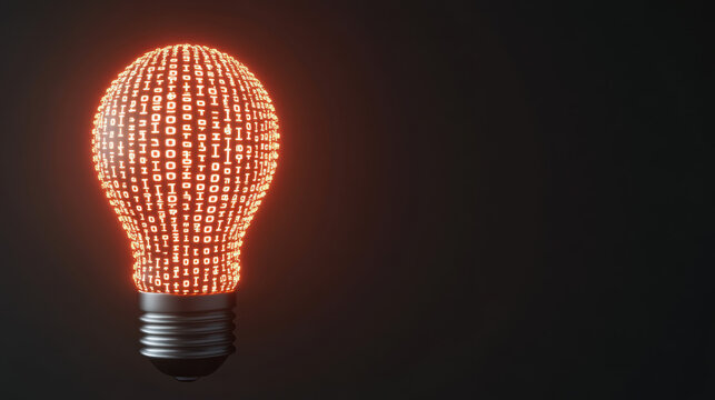 A glowing light bulb made of binary code illuminates a dark background, symbolizing technology and innovation.