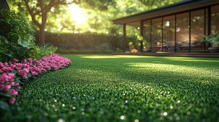 Obraz premium Lush green lawn, pink flowers, modern house, sunlight.