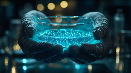 Fototapeta premium Gloved Hands Hold Blue Liquid Science Research Lab Teal Fluid Glass 