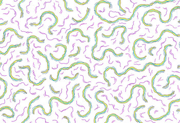 A colorful pattern of lines and curves. The colors are purple, yellow, and green. The pattern is abstract and has a sense of movement