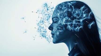 Serene Woman Dandelion Seeds Dreamy Blue Portrait