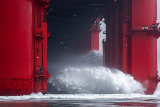 Massive waves crashing against towering red structures at a coastal location during stormy weather
