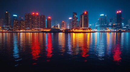 Fototapeta premium Vibrant Cityscape at Night with Colorful Lights Reflecting on Water
