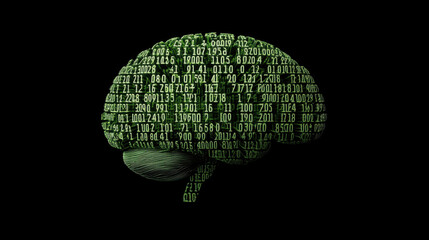 A digital brain composed of binary code, symbolizing artificial intelligence and data processing in a dark background.
