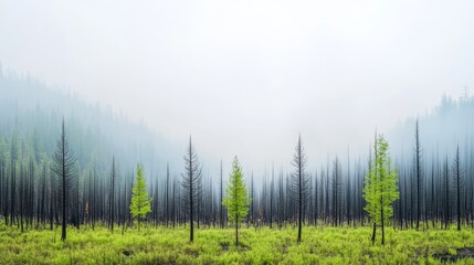 Obraz premium Lush Greenery Emerging from the Remnants of a Forest Fire, Showcasing Nature's Resilience Amidst Blackened Trees and Misty Surroundings in a Tranquil Landscape