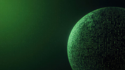 A glowing green sphere composed of digital data points, set against a darker green background, representing technology and innovation.