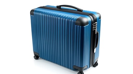 Fototapeta premium Blue hard-shell rolling suitcase with secure lock and four spinner wheels, durable travel luggage for business, trips and vacations.