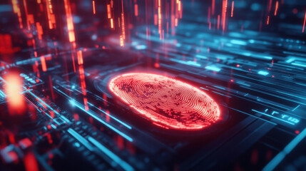 A vivid digital fingerprint glows amidst a network of blue and red data streams, symbolizing security and technology.