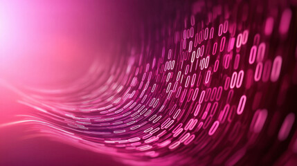 A digital wave of binary code flows through a vibrant pink background, symbolizing data and technology.