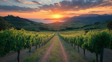 Naklejka premium Beautiful sunset over vineyards.