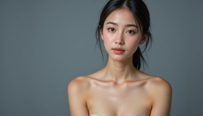 Obraz premium Asian woman, studio portrait, natural beauty, neutral background