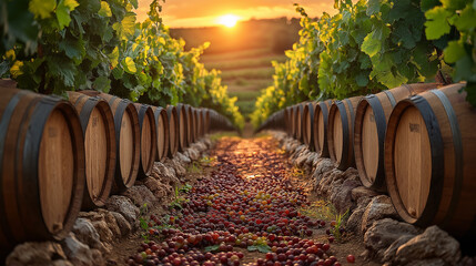 Beautiful sunset over vineyards.