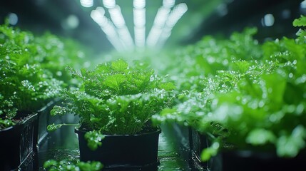Lush green lettuce plants growing in a modern hydroponic greenhouse under artificial lighting.