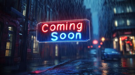 An animated neon sign displaying "Coming Soon" in vibrant red and blue tones, with pulsating light effects and a soft glowing aura, set against a rainy urban nightscape