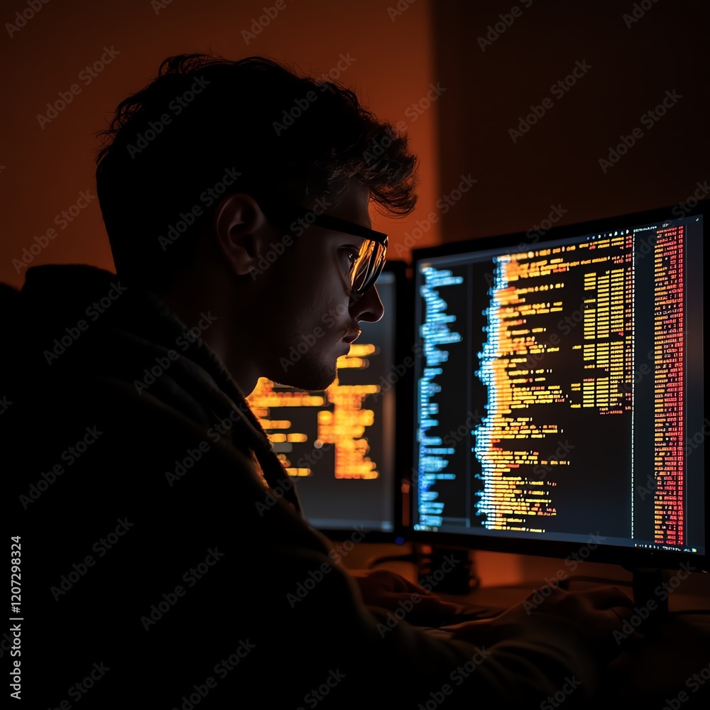 Poster programmer engaged in coding at night with vibrant computer screens illuminating the workspace