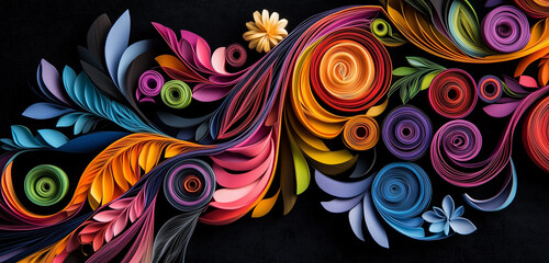 A detailed shot of a paper quilling art piece with vibrant colors and intricate spiral patterns on a black velvet background.