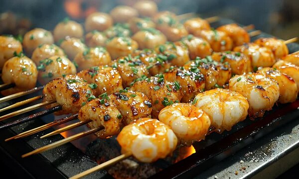 Grilled seafood skewers with glaze, close-up.