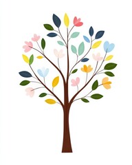 Obraz premium Vibrant illustration of a tree with colorful blossoms and seasonal transformation, symbolizing renewal, growth, and the cyclical beauty of nature in a bright minimalist design
