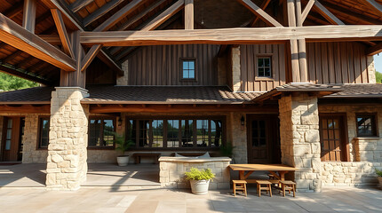 Fototapeta premium Rustic Modern House Exterior: Stone and Wood Design. Luxury Home Architecture, Real Estate