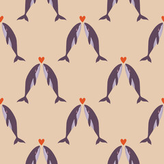 Seamless pattern with whales and red hearts. Romantic marine design perfect for Valentine’s Day, weddings, gift wrap, stationery, packaging, fabric, scrapbooking, crafts. 