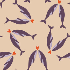 Seamless pattern with whales and red hearts. Romantic marine design perfect for Valentine’s Day, weddings, gift wrap, stationery, packaging, fabric, scrapbooking, crafts. 