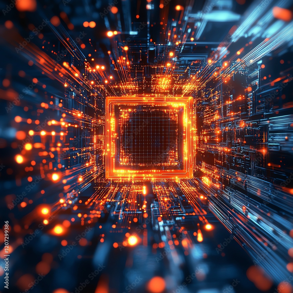 Poster visual representation of a digital circuit with glowing lines and a central processor in a futuristi