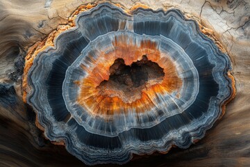 Fototapeta premium A mesmerizing cross-section of petrified wood showcasing vibrant concentric rings and rich color variations.