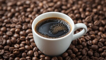 Espresso in white cup, surrounded by coffee beans