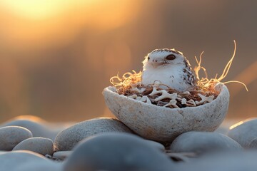 A little white owl nestled in a stone bowl at sunset, surrounded by rocks.