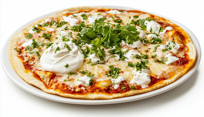 Savory enchiladas crowned with cheese, sour cream, and fresh cilantro on a white background.