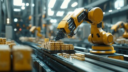 Fototapeta premium Automated Assembly Line with Robotic Arm Manipulating Small Components