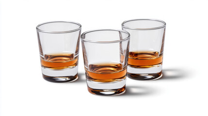 Three glasses filled with amber liquid, possibly whiskey, showcasing a clean, minimalist design against a white background.