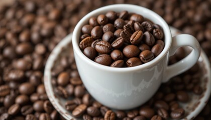 Fototapeta premium White cup filled with coffee beans, on saucer, surrounded by beans