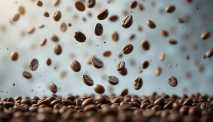 Roasted coffee beans falling, studio shot, smoky background, food advertising