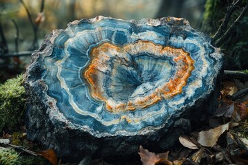 Obraz premium A mesmerizing cross-section of a petrified wood reveals stunning blue, orange, and white concentric rings.