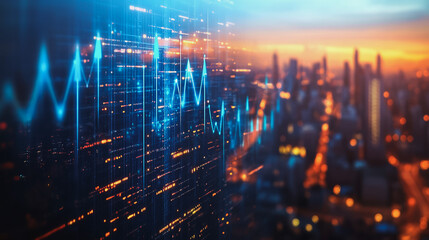 Obraz premium abstract professional business team people connection of line from nail node to node on Smart digital cityscap and skyline background , Innovation networking concept