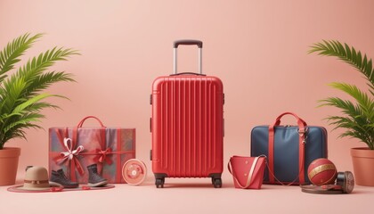 Red suitcase, gifts, travel, studio, pink background, vacation ad