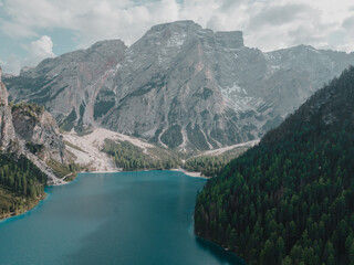 Drone View of Lago di Braies, Dolomites, Italy