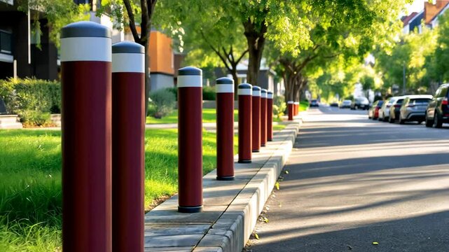 A sunny day showcases a row of decorative bollards along a peaceful residential street, enhancing the urban landscape
