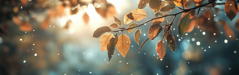 Raindrops on autumn leaves with sunlight. Ideal for nature blogs, seasonal promotions, and calming visuals.