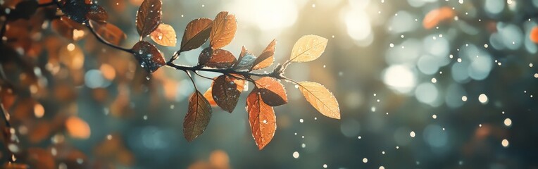 Raindrops on autumn leaves with sunlight. Ideal for nature blogs, seasonal promotions, and calming visuals.