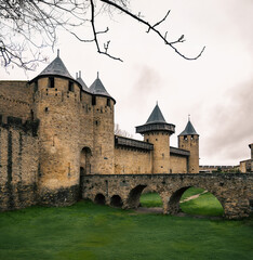 Panoramic view of the Cathar castle of Carcassonne and its entrance through a medieval bridge under a cloudy sky.