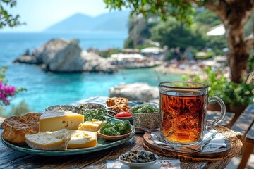 Naklejka premium Beachside breakfast at a seaside hotel or resort during the summer holiday season